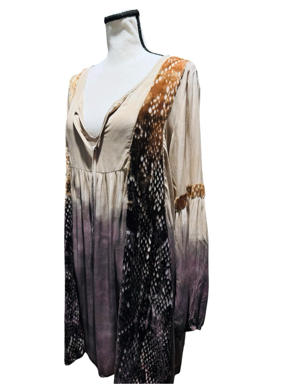 Boho Tie-Front‎ Tunic Dress in Cream, Brown & Purple - Picture 4 of 8